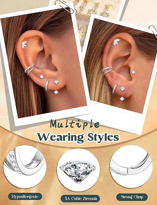 Florideco 925 Sterling Silver Earrings for Women Trendy Hypoallergenic Small Gold Hoop Earrings 14K Gold Plated Stud Earring Sets for Multiple Piercing CZ Ear Cuff Cartilage Earring Stacks