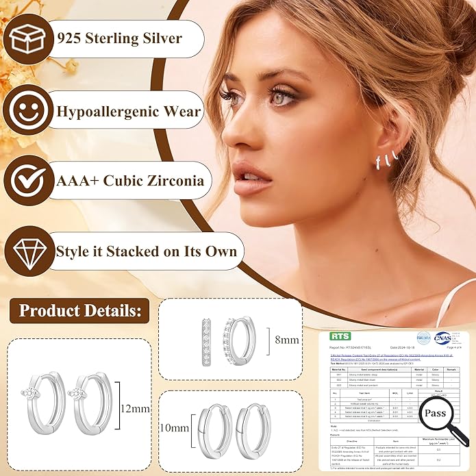 DORANA Valentines Day Gift 3 Pairs 925 Sterling Silver Earrings for Women Girls Non Tarnish Small Hypoallergenic Huggie Hoops Cartilage Stack Earring Sets for Multiple Piercing