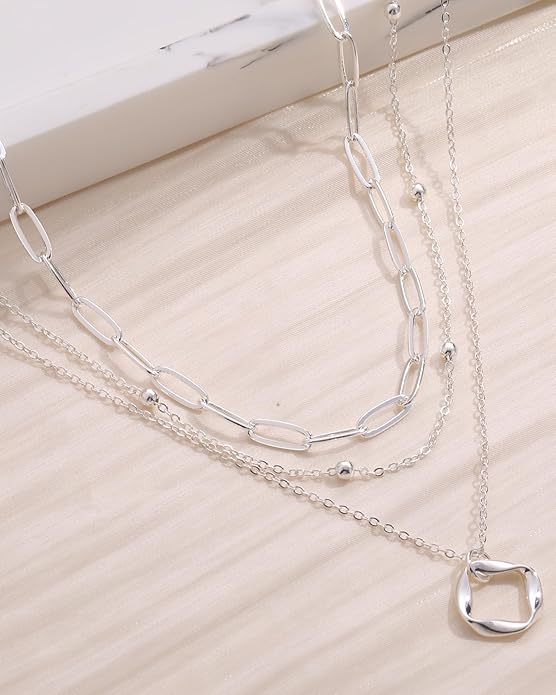 Layered Gold Silver Necklace for Women Non Tarnish,Dainty Choker Statement Chunky Necklace Stack Charm Pendant Chain Necklace Set 14K Gold Plated Long Stacked Womens Necklaces Trendy Jewelry Gift