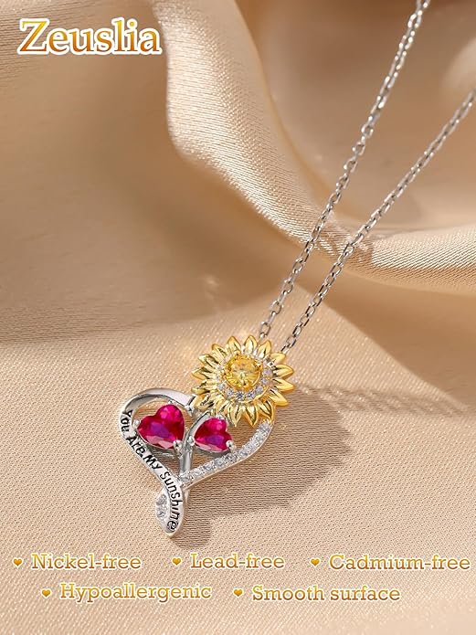 Zeuslia Double Birthstone Necklace Gifts for Wife - 925 Sterling Silver Sunflower/Rose/Crown Cross/Compass/Heart Pendant I Love You Necklace, Anniversary Birthday Gifts for Wife Girlfriend Mom Her
