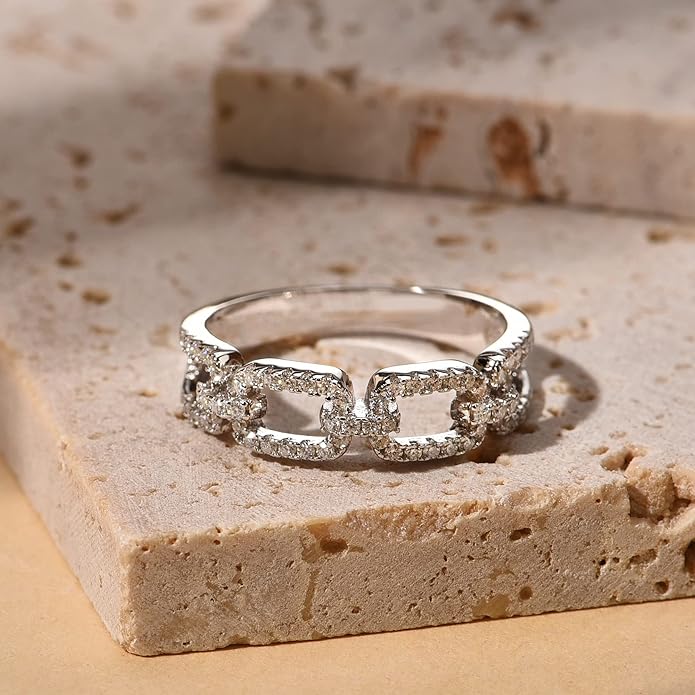 LAVALE Moissanite Wedding Band for Women,Twist Link D Color VVS1 Lab Created Diamond Rings,Half Eternity Stackable Band Ring,S925 Sterling Silver Chain Link Ring