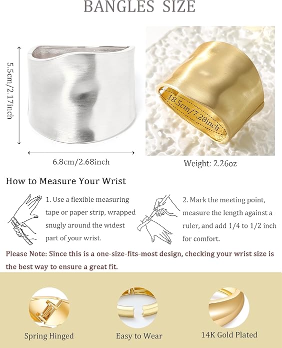 Bangle Bracelets for Women | 14K Gold Plated Trendy Wide Bracelets | Hinged Arm Cuff Bangles Chunky Bracelet for Women