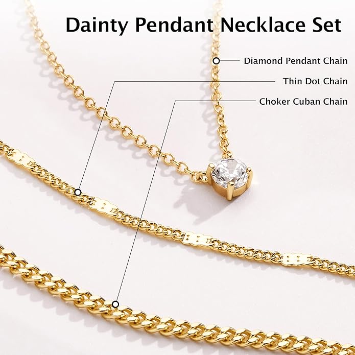WomenGifts Layered Gold Necklaces for Women, 14K Gold Sterling Silver Plated Dainty Pendant Necklace Set with Cubic Zirconia Circle, Chunky Stackable Cuban Chain Choker, Trendy Personalized Birthstone Jewelry Gift Non Tarnish