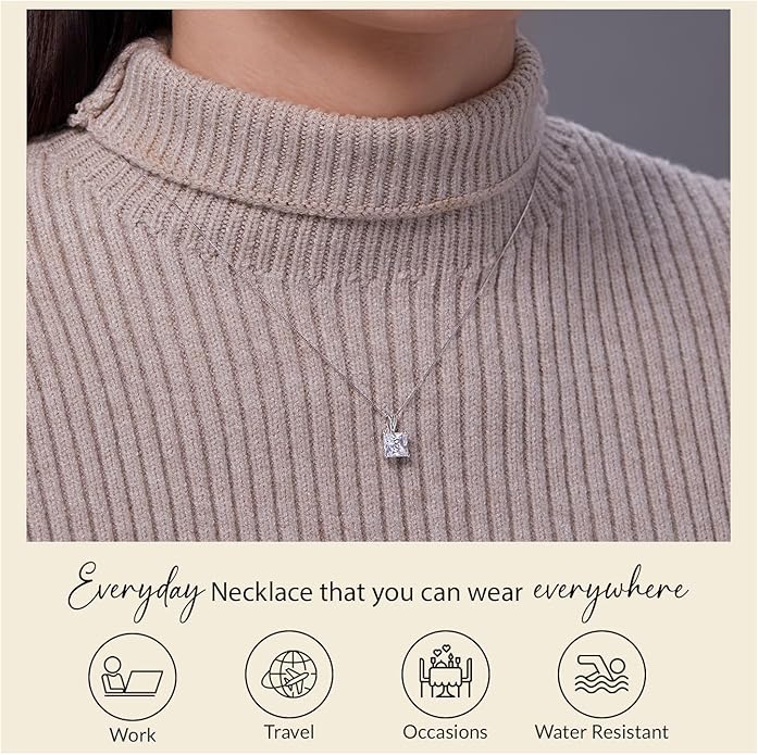 Everyday Elegance Solid 14K Gold Cubic Zirconia Solitaire Pendant Necklace for Women Heart, Princess, Round, Oval, Emerald, Pear & Cushion Cut 1 or 2 CTW | .60mm Thick 16" 18" Length Box Link Chain