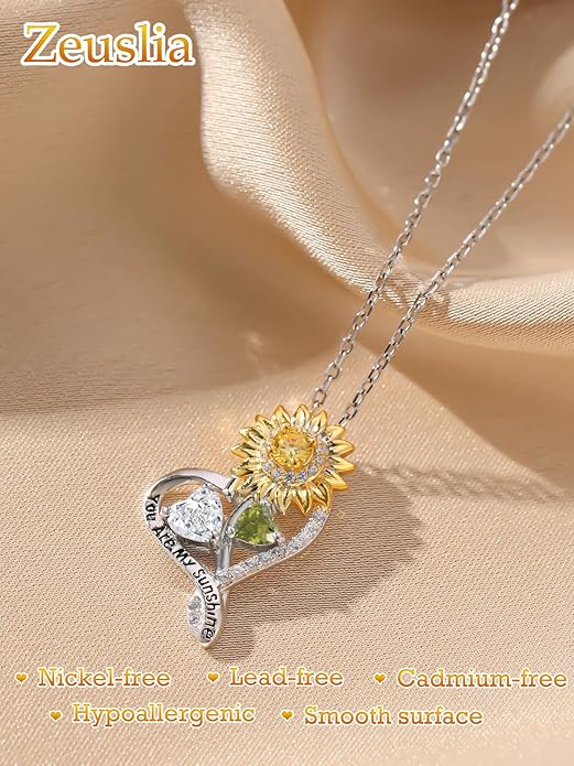 Zeuslia Double Birthstone Necklace Gifts for Wife - 925 Sterling Silver Sunflower/Rose/Crown Cross/Compass/Heart Pendant I Love You Necklace, Anniversary Birthday Gifts for Wife Girlfriend Mom Her