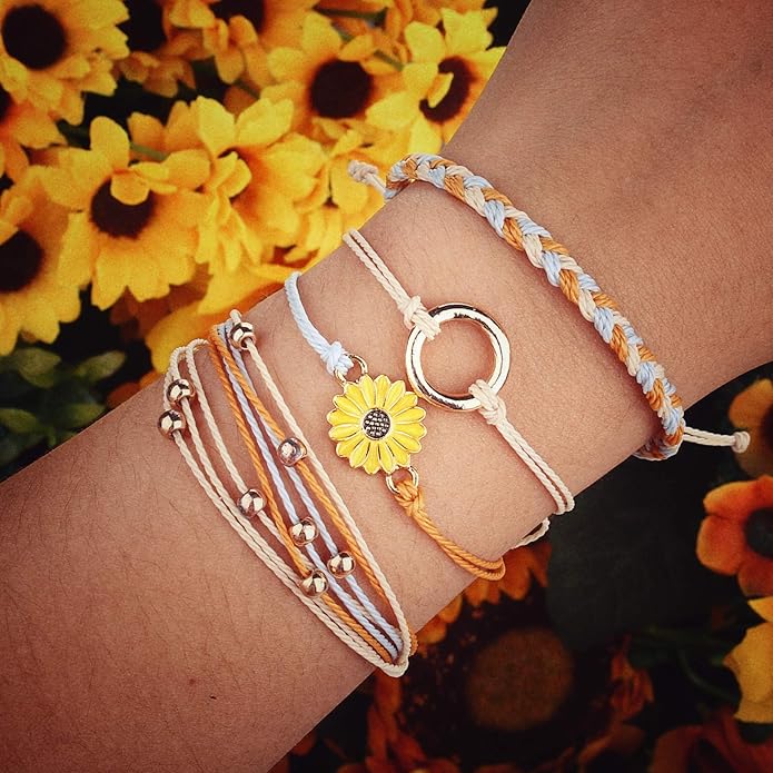 FANCY SHINY Sunflower String Bracelet Boho Braided Rope Wrap Bracelets Cute Summer Beach Surfer Jewelry for Women