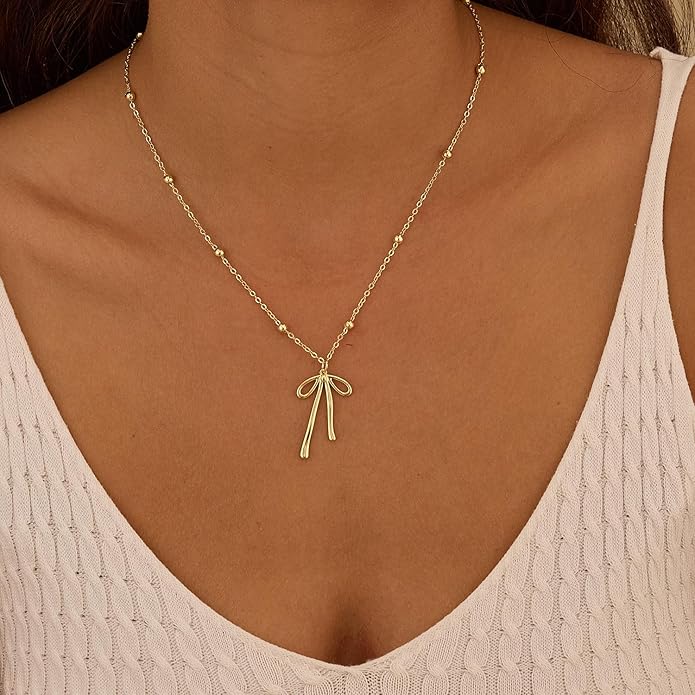 Gold Necklace for Women Dainty Bow Necklace 14K Gold Plated Cute Choker Necklace Small Bow Pendant Charm Necklaces Teen Gift Trendy Stuff Personalized Jewelry Gifts