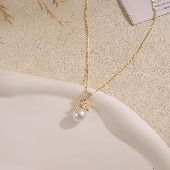 Pearl Necklace for Women Trendy,14k Gold Plated Necklace Dainty Wedding Necklace Small Cute Choker Necklace Beaded Lariat Drop Necklace Vintage Waterproof Jewelry for Women Gold Jewelry Fashion Gifts