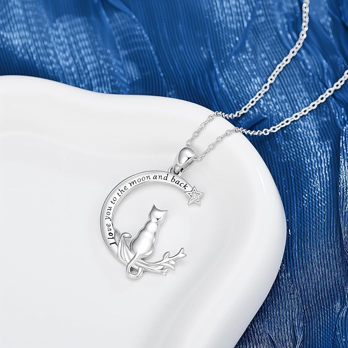 Cat Gifts for Women 925 Sterling Silver Heart Moon Cat Necklace Pendant Women Jewelry Halloween Christmas Gifts