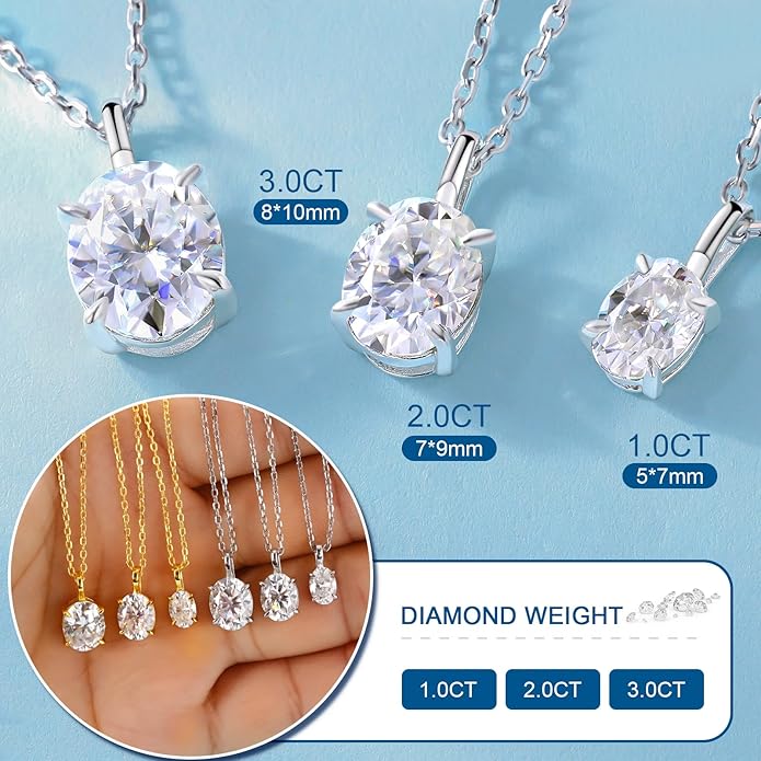 Moissanite Necklace for Women 0.1-12.0CT(3-15mm) Oval/Round Cut Moissanite Pendant 18k Gold Plated Sterling Silver Necklace D Color VVS1 Solitaire Pendant with 18+2 Inch Chain Jewelry for Mom/Wife