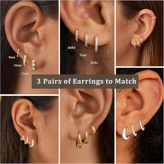 DORANA Valentines Day Gift 3 Pairs 925 Sterling Silver Earrings for Women Girls Non Tarnish Small Hypoallergenic Huggie Hoops Cartilage Stack Earring Sets for Multiple Piercing