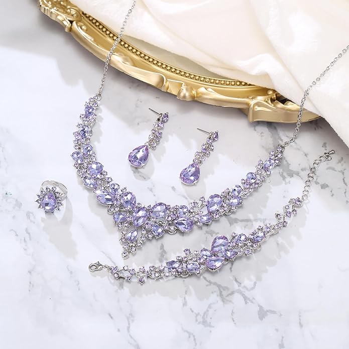 BriLove Wedding Bridal Jewelery for Women Austrian Crystal Teardrop Cluster Statement Necklace Dangle Earrings Link Bracelet Set