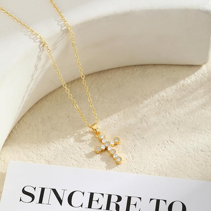 VIROMY Gold Cross Necklace for Women - Dainty Diamond Cross Pendant Necklaces Non Tarnish Waterproof Necklace Simple Choker Minimalist Jewelry