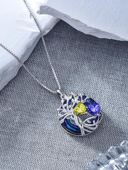 TOUPOP s925 Sterling Silver Family Celtic Tree of Life Pendant Necklaces with 2 Heart Birthstone with Blue Austrian Crystal Jewelry Birthday Anniversary Christmas Gifts for Her Wife Girlfriend Mom (18K Real White Gold Filled)