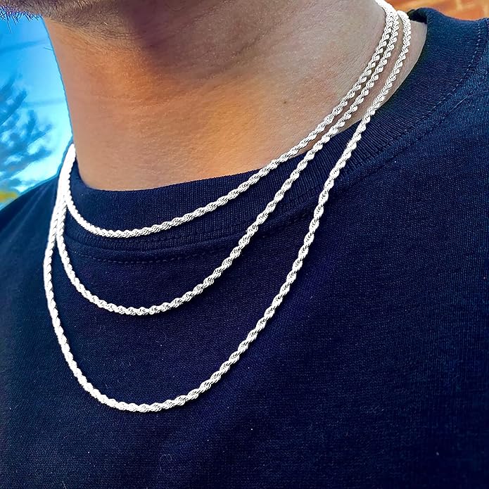 BRIJEWNES 925 Sterling Silver Clasp 2/2.5/3/4/5mm Silver Chain for Men Mens Necklace Rope Chain Necklace Diamond Cut Silver Mens Chain Necklace 16 18 20 22 24 26 28 30 Inches