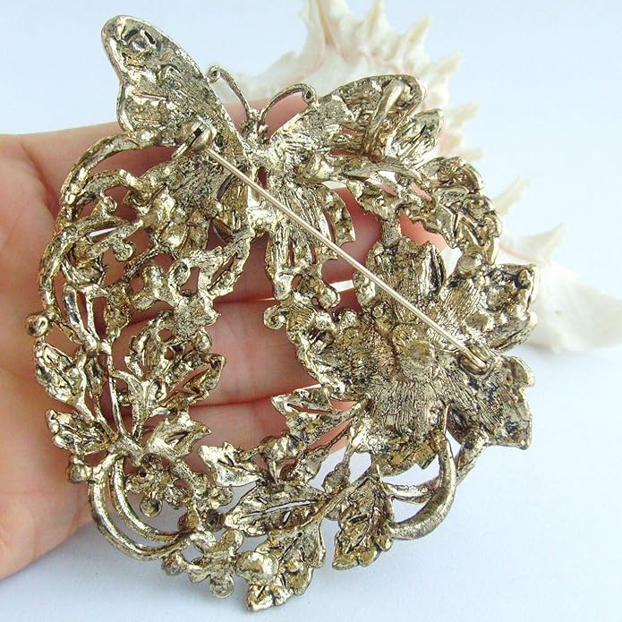 Art Style 3.54" Butterfly Flower Brooch Pin Pendant Rhinestone Crystal BZ4489