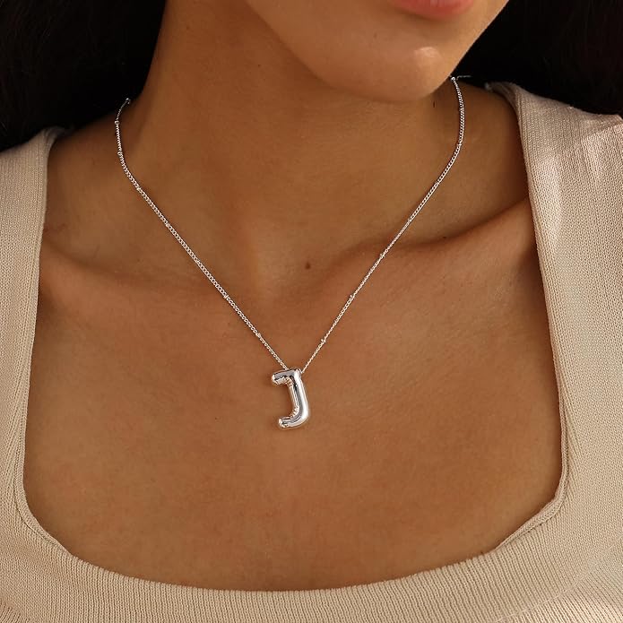 Initial Necklaces for Women, 14k Gold Plated Bubble Letter Necklace Chunky Gold Necklace Dainty Charm Initial Necklaces for Women Trendy Custom Preppy Stocking Stuff Necklace Christmas Gifts