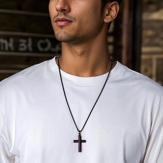 GTMJ Cross Necklace for Men -Stainless Steel & Wood Adjustable Box Chain 24-26in, Spiritual Jewelry Gift for Him, Everyday Wear