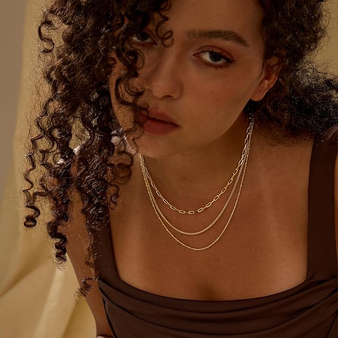 Layered Gold Necklace for Women Dainty 14K Gold/Silver Plated Stacked Necklace for Women Trendy Cuban Paperclip Herringbone Chain Diamond Pendant Necklaces Jewelry Set Accessories Gift