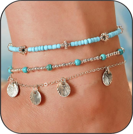 Bead Ankle Bracelets for Women Waterproof Adjustable Boho Shell Anklet Summer Beach Seashell Conch Foot Jewelry Accessories