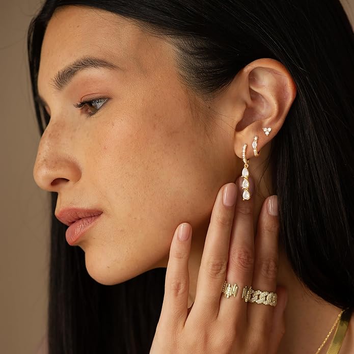 3 Pairs Earrings Set for Multiple Piercings, Gold Plated Studs Hoop Earrings Stack, CZ Dangle Earrings Set, Hypoallergenic for Sensitive Ears, Women's Gift