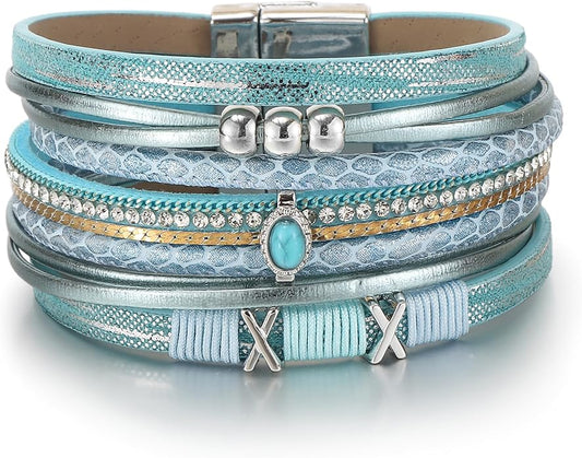 Edoneery Leather Wrap Bracelet for Women, Boho Handmade Multi-Layer Cuff with Crystal Beads Heart, Stackable Bangle Western Jewelry Gift