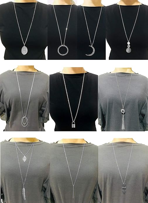 10Pcs Long Pendant Necklace Simple Moon Bar Three Triangle Tassel Lock Sweater Y Shape Punk Chain Choker Necklace for Women Men Gold Silver Plated