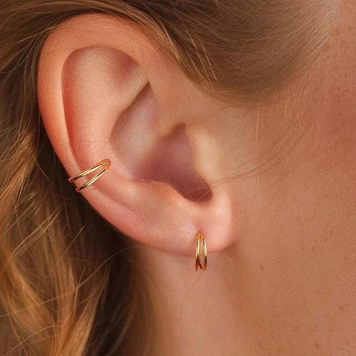 2 PCS Small Cartilage Double-Hoop Helix Conch Piercing Earrings With Cubic Zirconia For Women Trendy 14K Gold Plated Titanium Surgical Stainless Steel Sets Jewelry