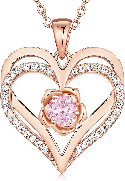 CDE Christmas Gifts for Women S925 Silver Rose Gold Heart Birthstone Necklaces for Women，Ideal Anniversary or Birthday Jewelry Gifts for Wife Girlfriend Her