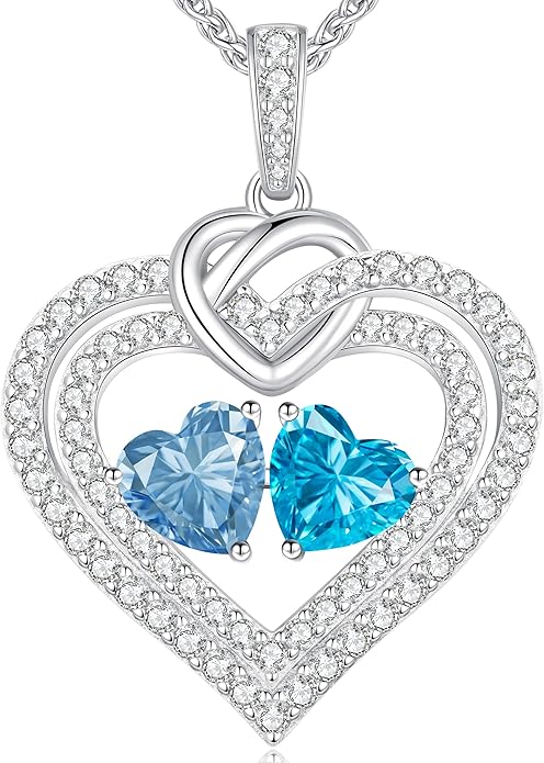 LOUISA SECRET Sparkling Double Heart Birthstone Necklaces for Women, 925 Sterling Silver Fine Jewelry, Pendant Heart Necklaces Birthday Anniversary Christmas Gift for Women Wife Mom Girlfriend Lady