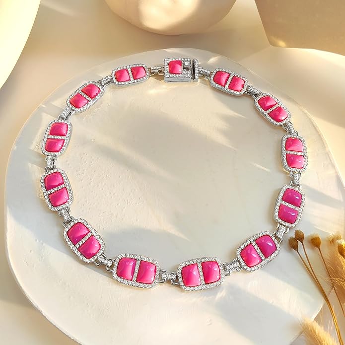 Chunky Necklace for Women 12 Colors Diamond Stone Gold Statement Necklace for Women Full Trendy Blue Birthstone Choker Necklace for Women Square Design Necklace Jewelry