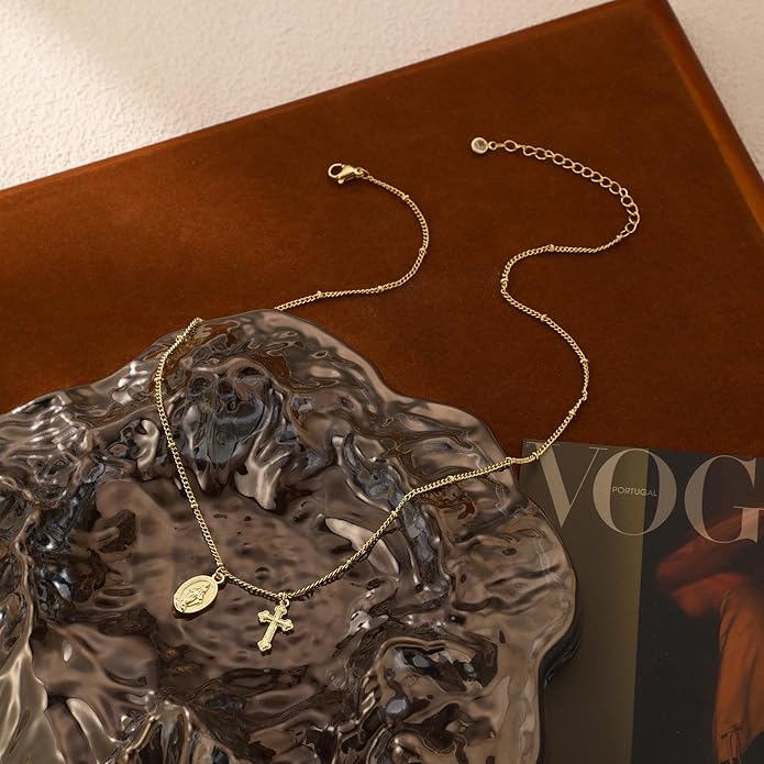 Cross Necklace for Women 14K Gold Silver Plated Dainty Small Cross Pendant Choker Simple Trendy Cute Cross Charm Chain Necklace Easter Basket Stuffers Baptism Religious Faith Jewelry Gift