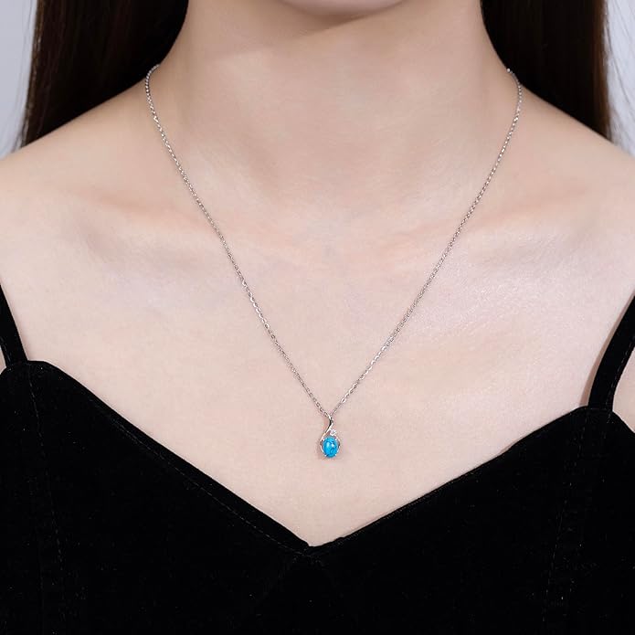 FANCIME 14K Solid White Gold Oval Gemstone Necklace with Diamond Pendant Gifts for Mom Women,16"+2" Inches