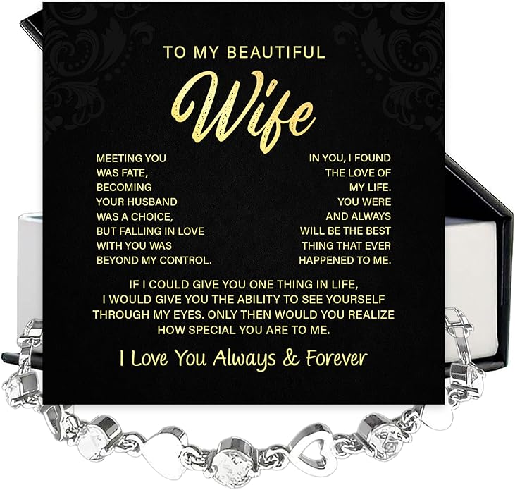 To My Wife Crystal Heart Bracelet Gift From Husband, Beautiful Wife Jewelry For Anniversary, Birthday, Christmas, Valentine’s Day, Bracelet For Her With Heartfelt Message & Elegant Box
