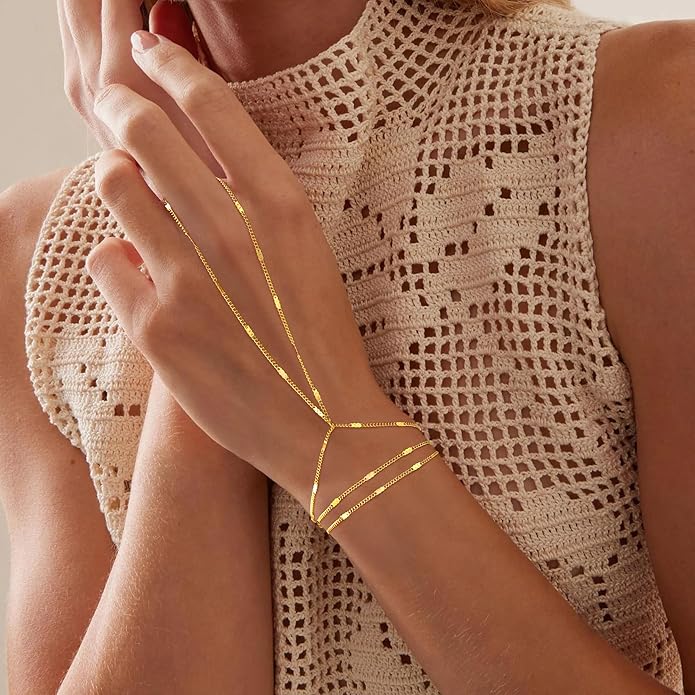 Yoosteel Hand Chain Bracelet for Women - Dainty 14K-Gold-Plated Finger Ring Hand Chains Layered Trendy Link Bracelets Jewelry Gifts for Women