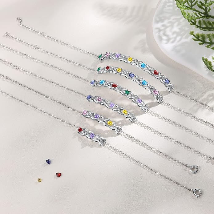 Personalized Custom Name Heart Bracelet with 1-6 Birthstone Bracelets for Women Engraved Family Names Link Bracelets for Mother's Day Mom Daughter