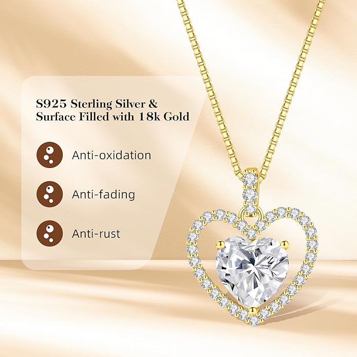2CT Moissanite Heart Necklace for Women Wife in Gift Box,S925 Sterling Silver Jewelry for Women,Anniversary Birthday Present for Wife Her Girlfriend,18K Gold/White Gold Filled