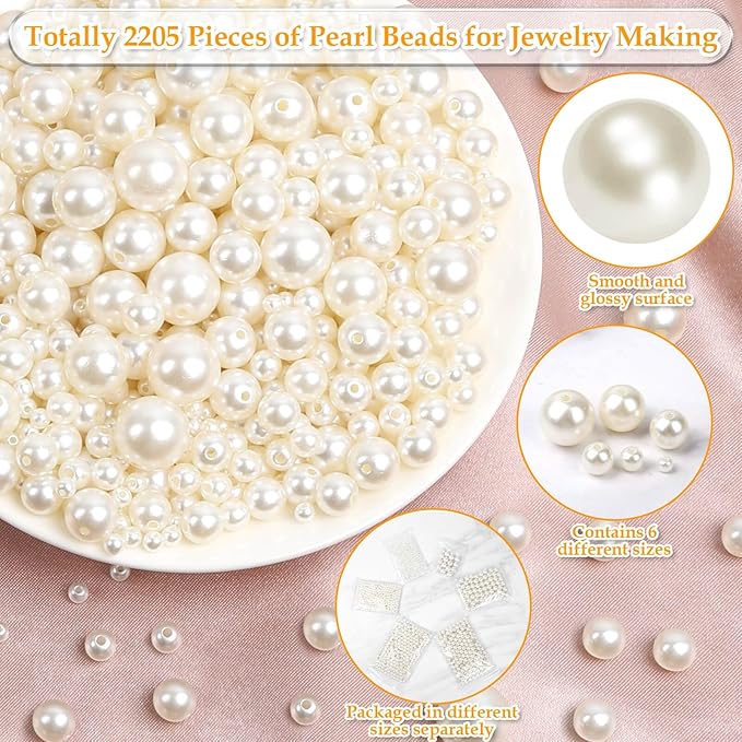 Anezus 2205Pcs Pearls for Craft, Assorted Sizes Fake Pearl Beads, Sew on Pearls, Bulk Loose Pearl Beads with Holes for Jewelry Making, Bracelets, Necklaces, Hairs, Decoration, Vase Filler