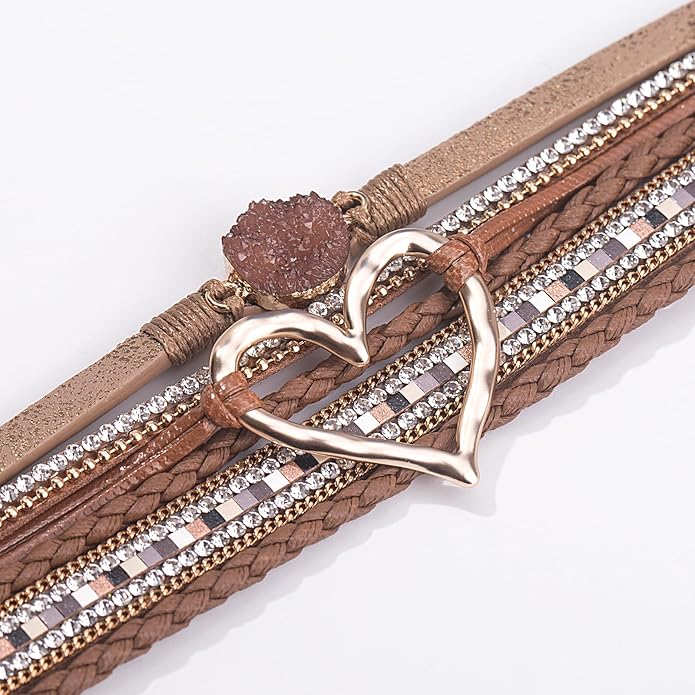FANCY SHINY Heart Leather Wrap Bracelets Stackable Boho Cuff Bangles Trendy Resin Stone Rhinestone Bracelets with Magnetic Clasp for Women