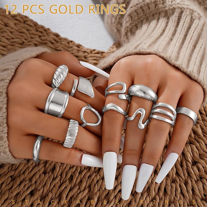 17 MILE Chunky Gold Stackable Rings for Women Non Tarnish, 18K Gold-Plated Statement Open Stacking Rings, Knuckle Band Ring Set