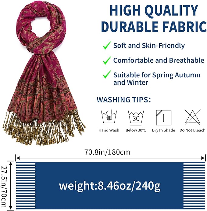 QIUTIMIY Paisley Pashmina Shawl Wrap Women Reversible Vintage Jacquard Pashmina Rave Scarf with Fringe for Evening, Wedding
