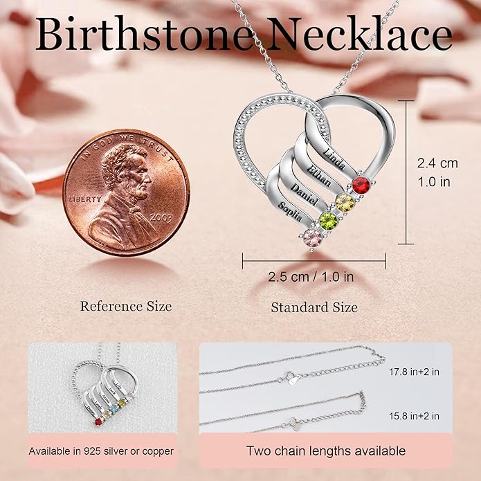 Easycosy Custom Name Necklace with Simulated Birthstones Customized Promise Necklace Heart Pendant with Engraved 2-6 Names - Anniversary Birthday Christmas Jewelry Gifts for Women Wife Mom Grandma