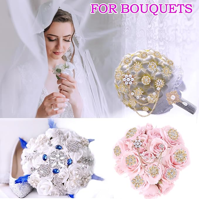 Yhsheen Gold Rhinestone Brooches Pin Kits Crystal Pearl Brooches for Bouquets for Wedding Decoration Accessories Jewelry Making Crafts(Gold-14PCS)-A