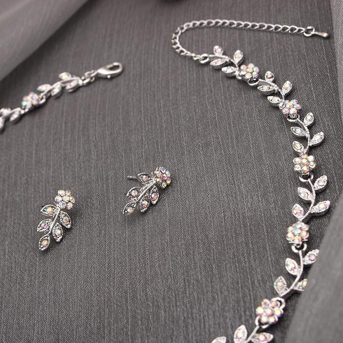 Austrian Crystal Rhinestone Choker Necklace Dangle Earring Link Bracelet Jewelry Set for Brides Bridesmaid Prom Costume Accessories for Women
