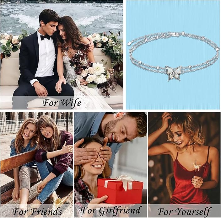 FLYOW Anklet for Women S925 Sterling Silver Adjustable Foot Beaded Heart Charm Ankle Bracelet Anklets Jewelry