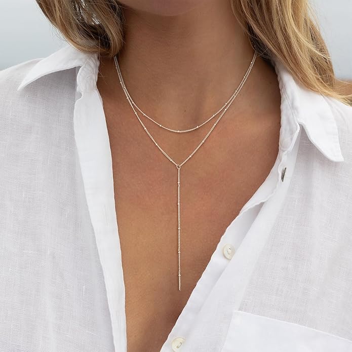 Lariat Necklace for Women, Dainty 14K Gold/Silver Plated Long Necklaces for Women Trendy Simple Layered Y-Shaped Drop Pendant Necklace Adjustable Gold Jewelry Gifts For Her Christmas Stocking Stuffer
