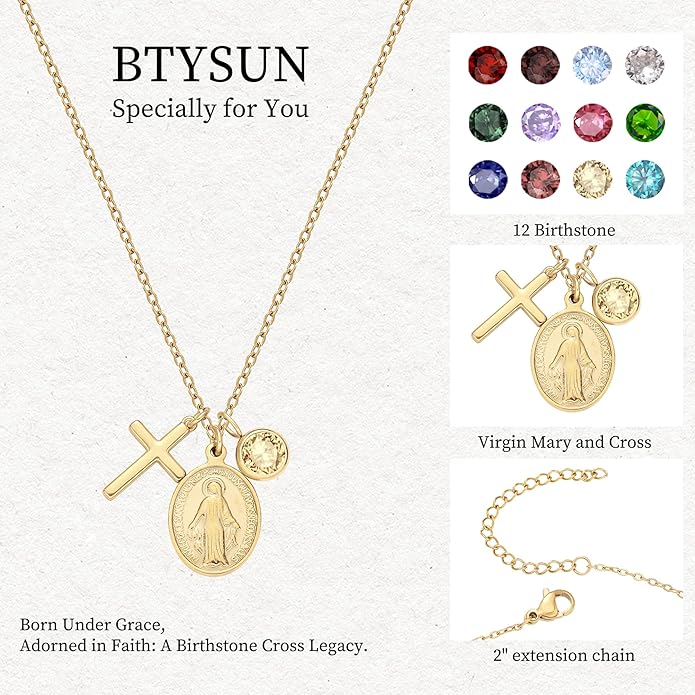Gold Cross Necklaces for Women, 1-12 Birthstone Necklace Stocking Stuffers for Her Faith Confirmation Gifts for Teen Girls Virgin Mary Necklace Gifts for Christians Birthday Baptism Religious Jewelry