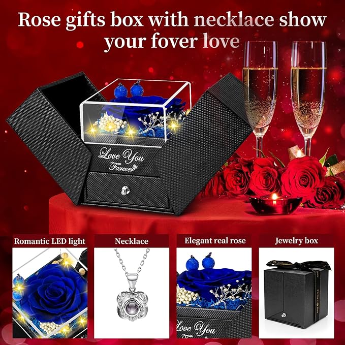 Preserved Blue Real Rose -Eternal Flowers Rose Birthday Gifts for Her Mom Wife Girlfriend Grandma on Valentines Mothers Day Christmas Anniversary Romantic-Blue