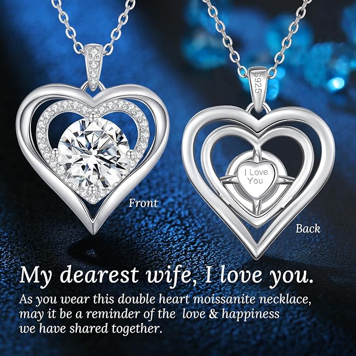 Moissanite Heart Pendant Necklaces for Women, 925 Sterling Silver Necklace Engraved with 'I LOVE YOU', Ideal Anniversary Birthday Christmas Valentine Mothers Day Jewelry Gifts for Mom Wife Girlfriend Daughter Her