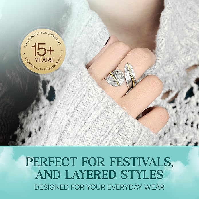 Boho-Magic 925 Sterling Silver and Brass Feather Ring for Women – Adjustable Nature-Inspired Leaf Wrap, Handmade Two-Tone Wide Band Statement Ring – Fits Sizes 7 to 10 – Modern Jewelry